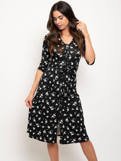 WOMEN'S 3/4 SLEEVES BUTTON UP DETAIL SELF TIE FLORAL MIDI DRESS