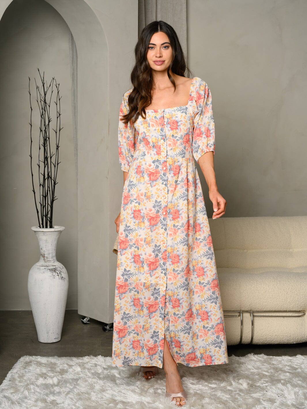 WOMEN'S 3/4 SLEEVE BUTTON DOWN MAXI DRESS