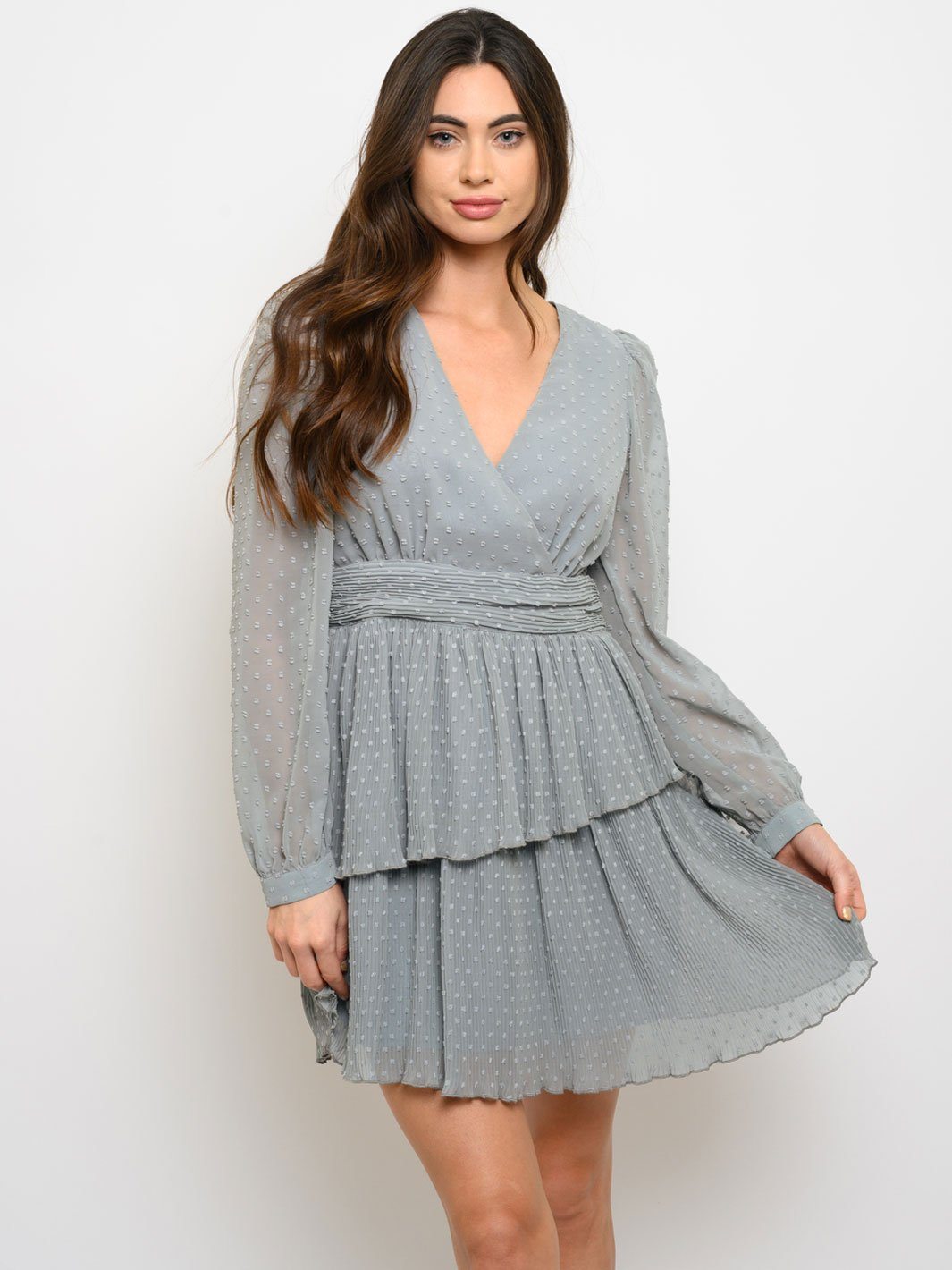 WOMEN'S SWISS DOT CHIFFON PLEATEDSURPLICE MINI DRESS