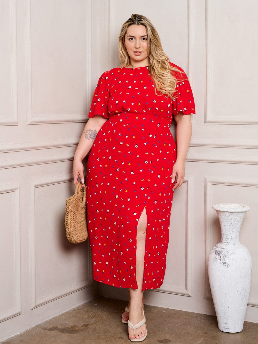 PLUS SIZE SHORT SLEEVE SMOCK WAIST FLORAL MIDI DRESS