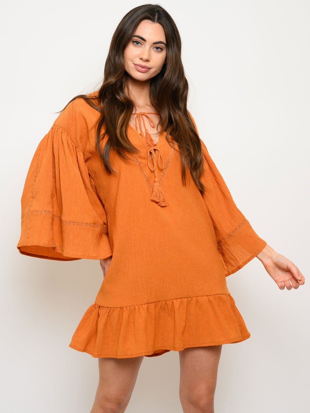 WOMEN'S 3/4 SLEEVE RUFFLE HEM MINI DRESS