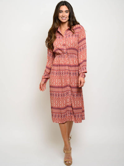 WOMEN'S LONG SLEEVE BUTTON UP MIDI DRESS