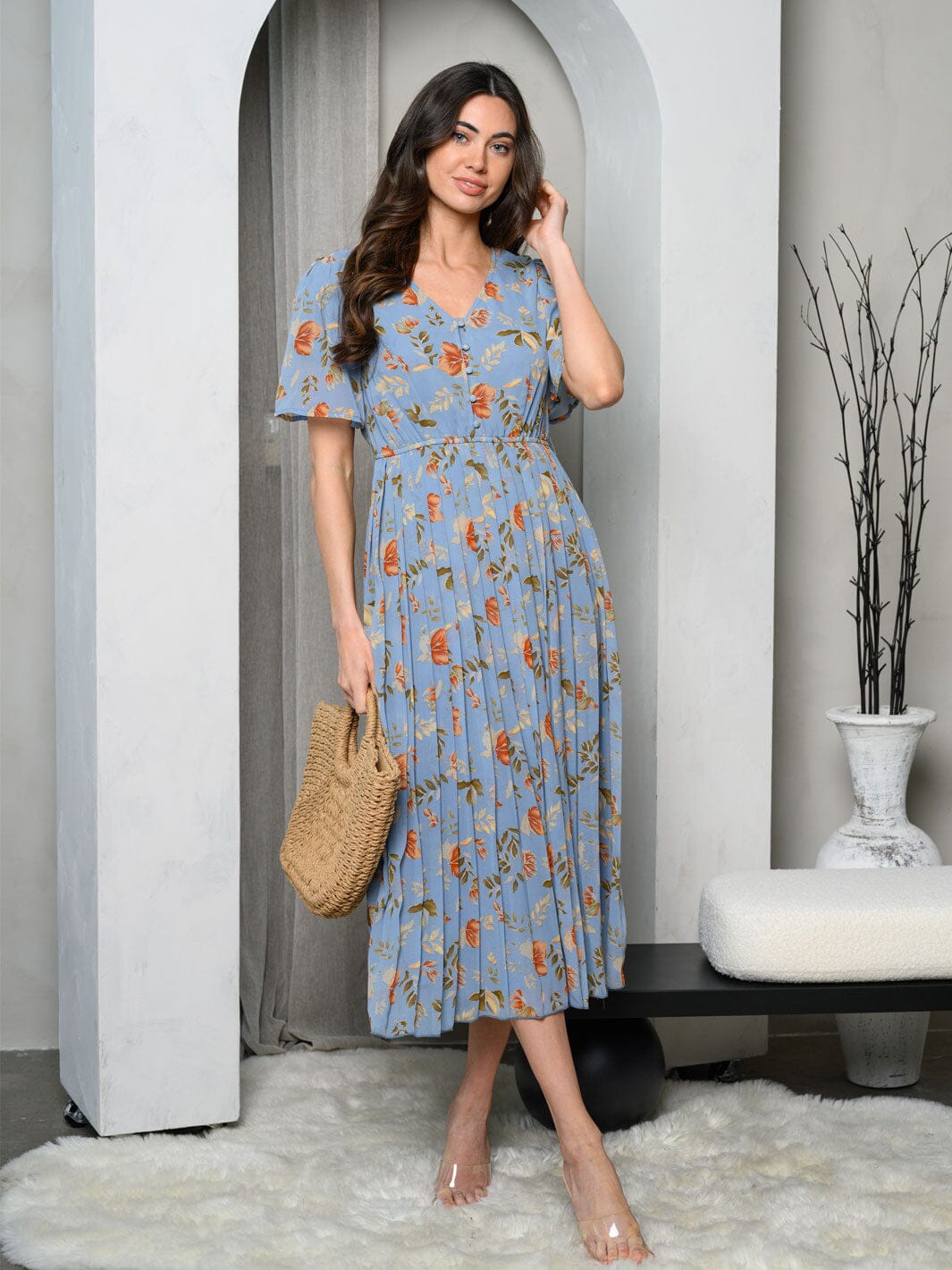 WOMEN'S SHORT SLEEVE PLEATED FLORAL MIDI DRESS