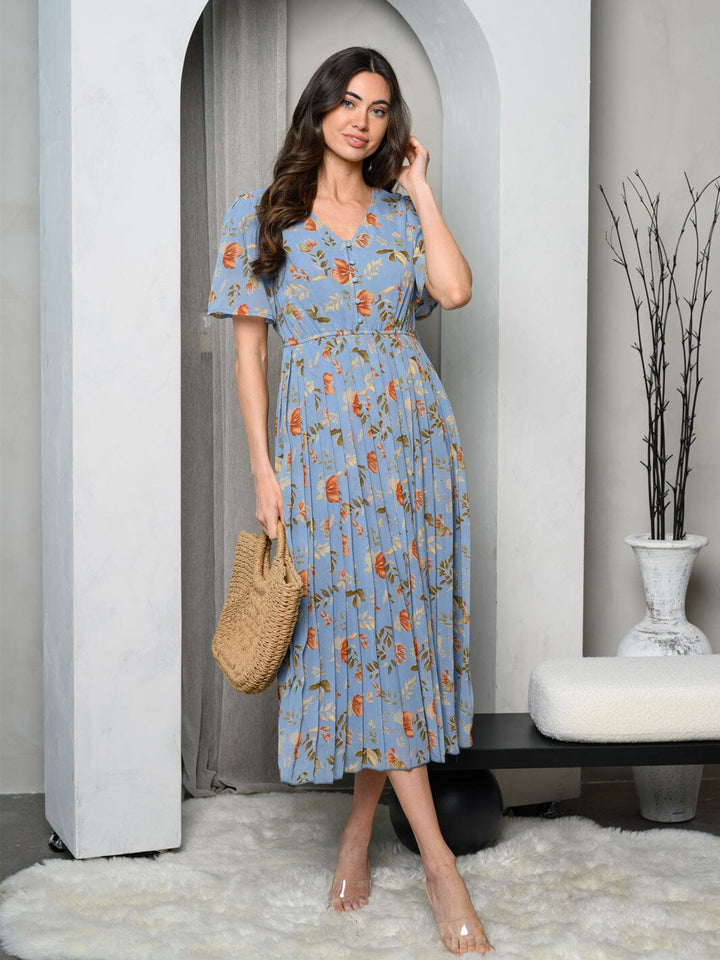 WOMEN'S SHORT SLEEVE PLEATED FLORAL MIDI DRESS