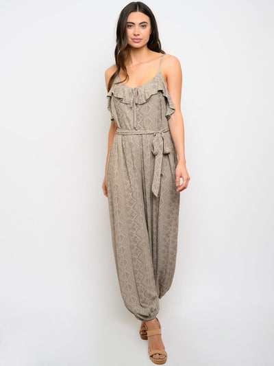 WOMEN'S MULTI PRINT RUFFLE JUMPSUIT