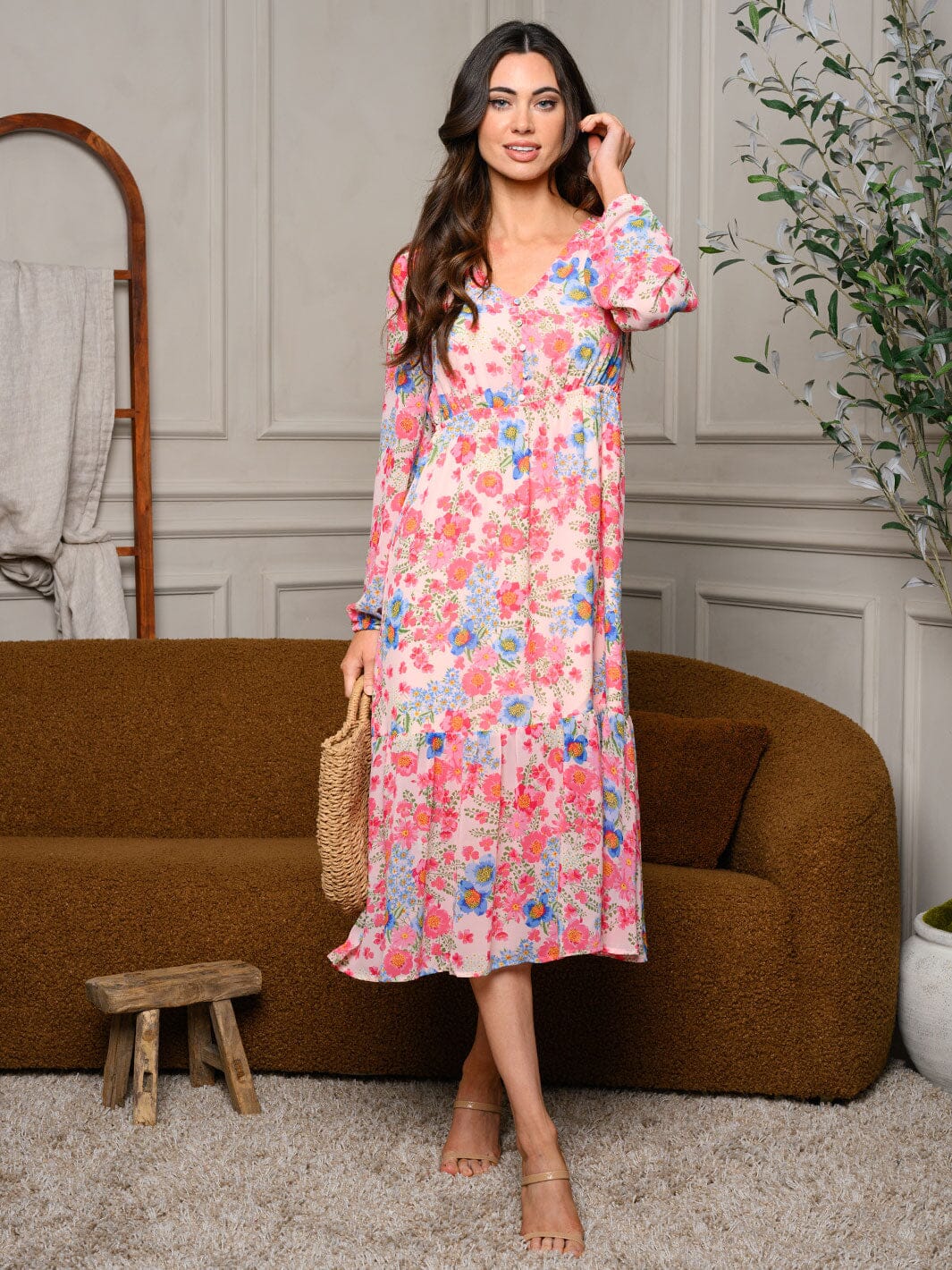 WOMEN'S LONG SLEEVE V-NECK RUFFLE BOTTOM HEM FLORAL MIDI DRESS