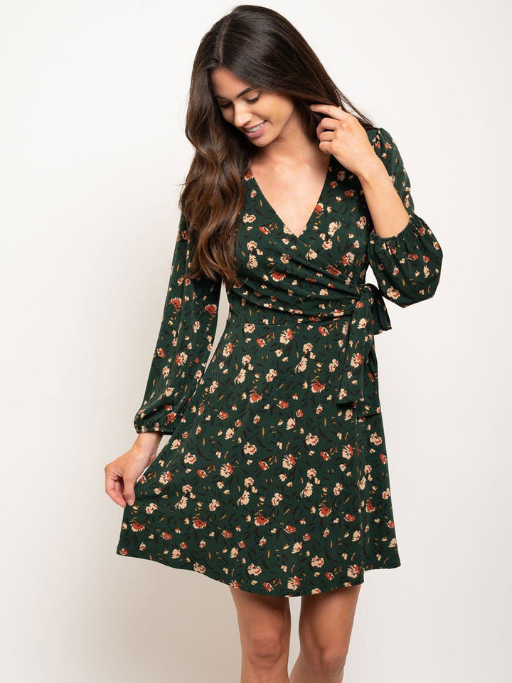 WOMEN'S 3/4 SLEEVE WRAP FLORAL DRESS