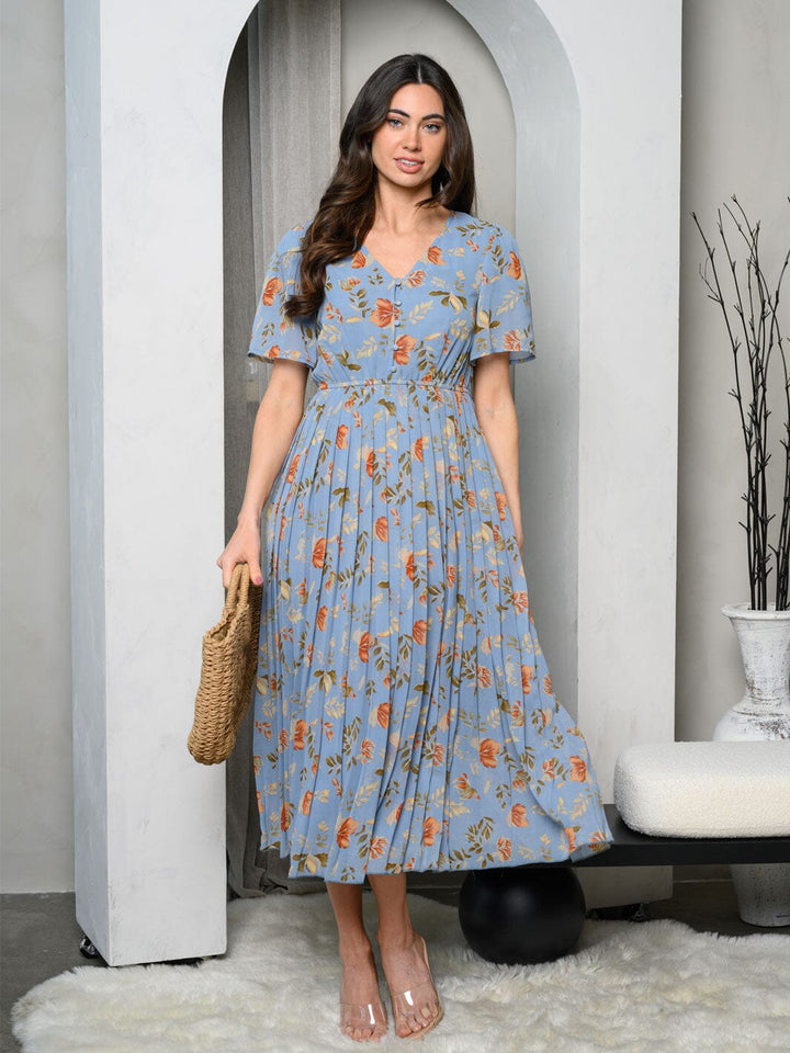 WOMEN'S SHORT SLEEVE PLEATED FLORAL MIDI DRESS