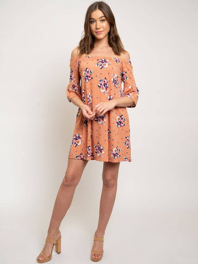 WOMEN'S JERSEY FLORAL OFF SHOULDER TIERED SLEEVE POCKETED DRESS