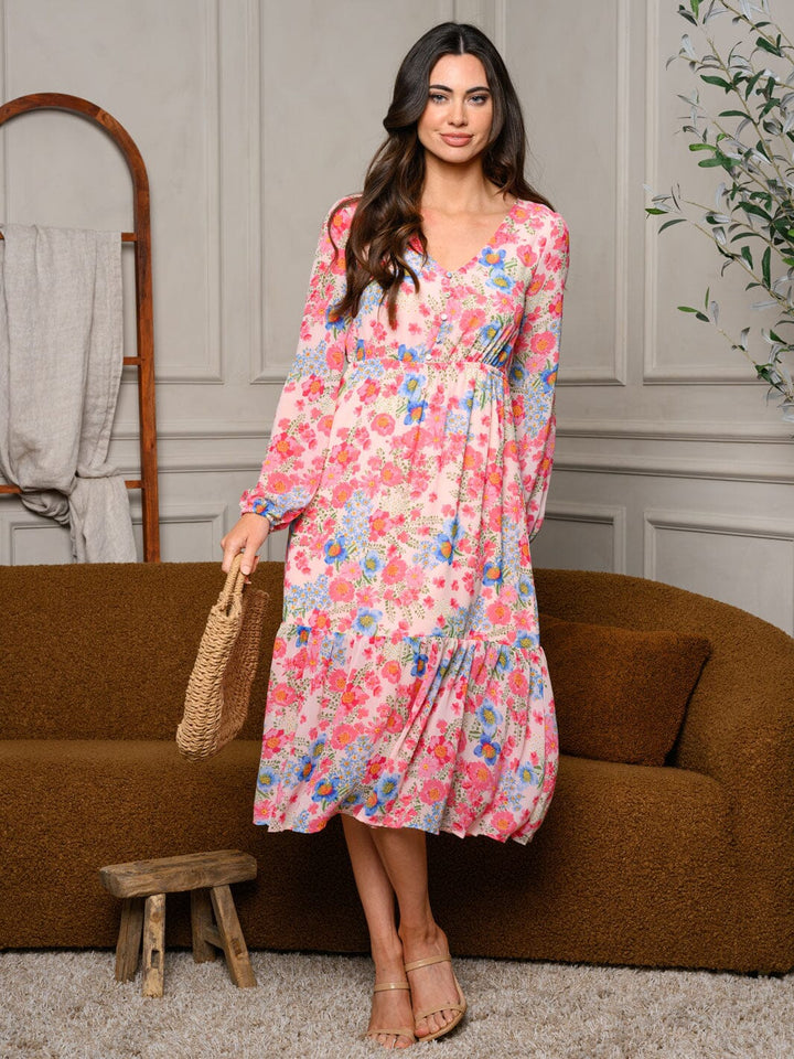 WOMEN'S LONG SLEEVE V-NECK RUFFLE BOTTOM HEM FLORAL MIDI DRESS