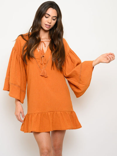 WOMEN'S 3/4 SLEEVE RUFFLE HEM MINI DRESS