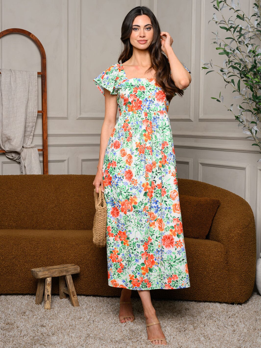 WOMEN'S SLEEVELESS RUFFLE SMOCK FLORAL MIDI DRESS