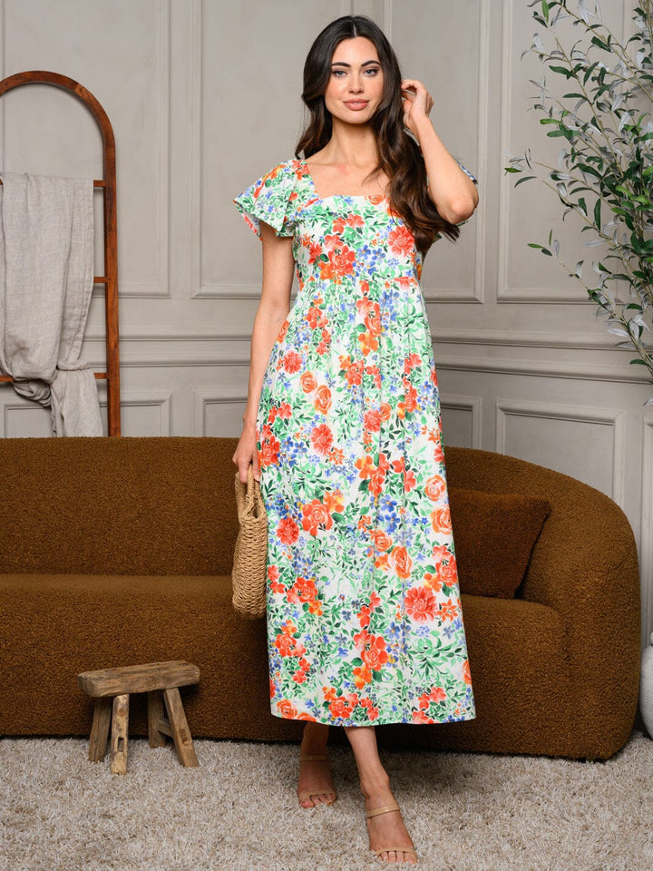 WOMEN'S SLEEVELESS RUFFLE SMOCK FLORAL MIDI DRESS