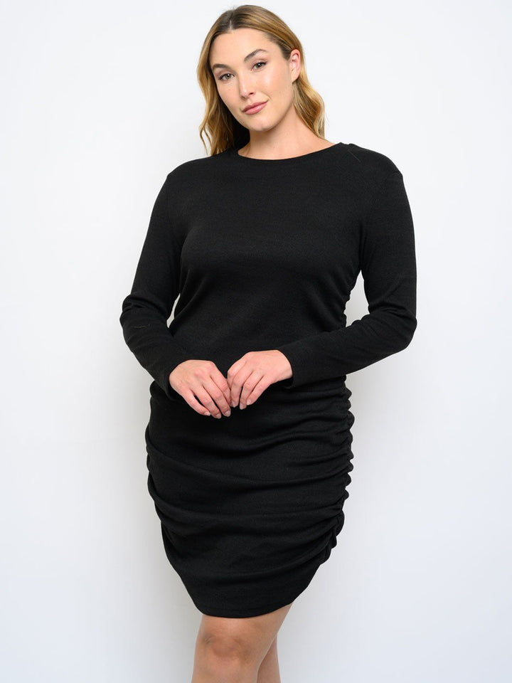 PLUS SIZE RUCHED LONG SLEEVE DRESS