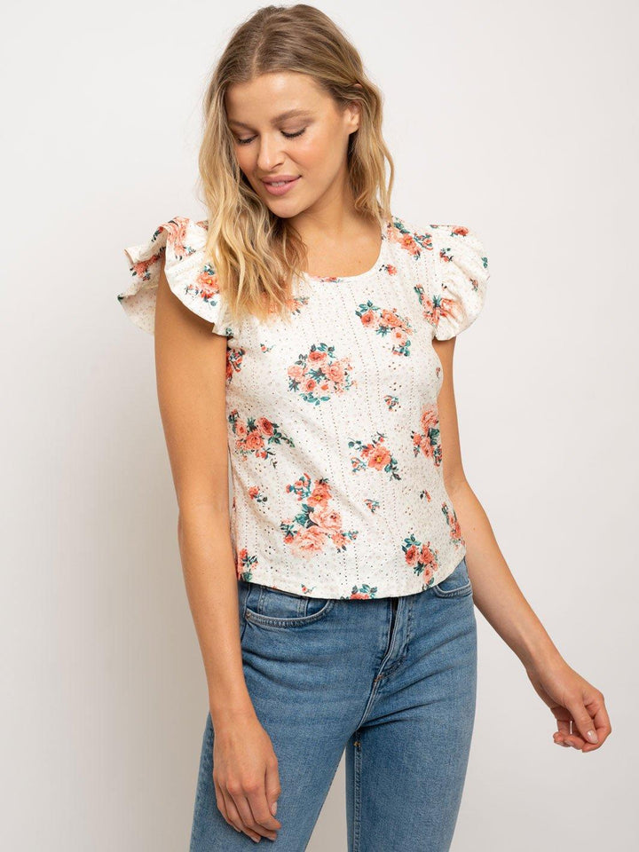 WOMEN'S RUFFLE SLEEVE EYELET TOP