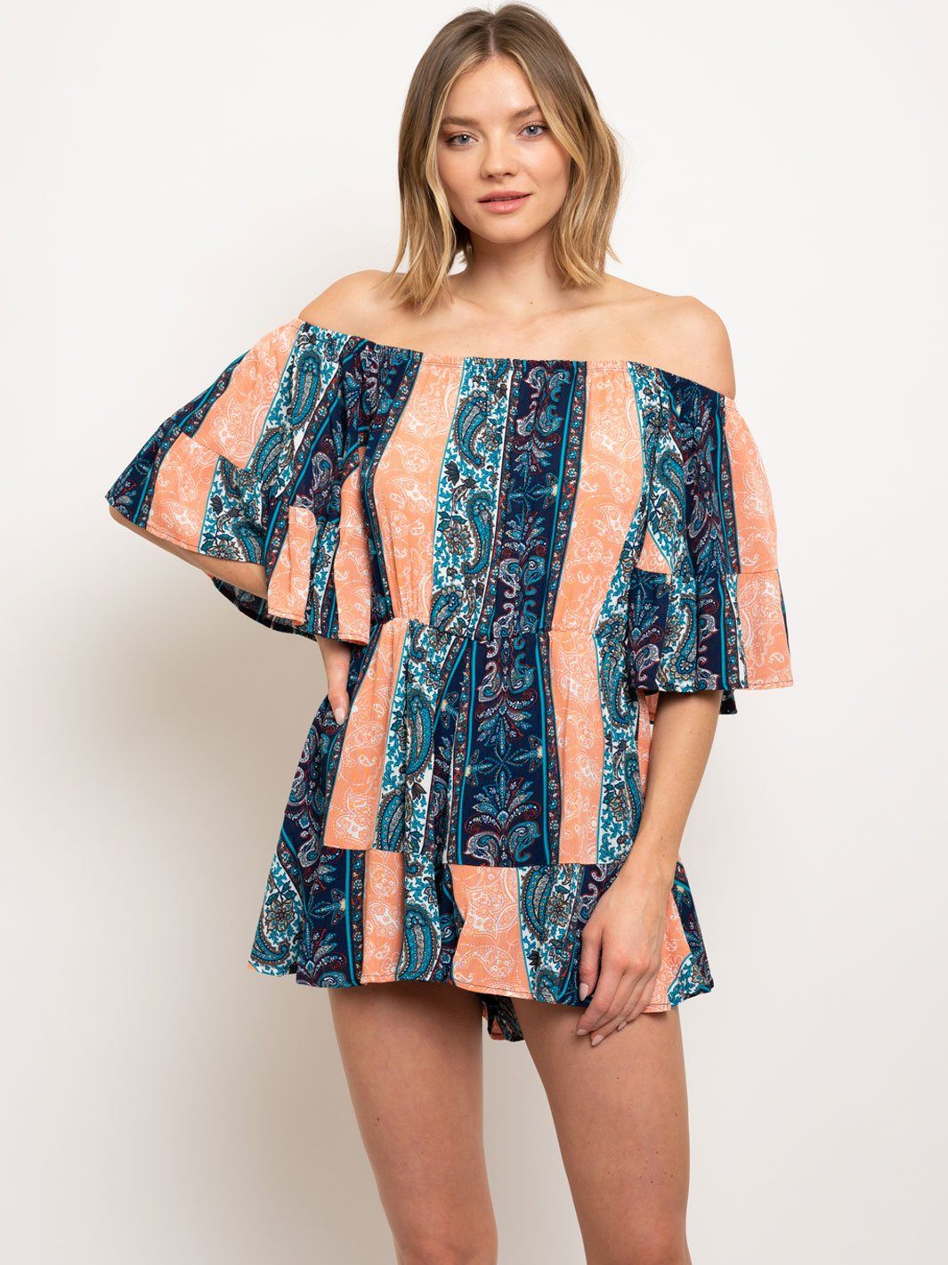 WOMEN'S OFF SHOULDER MULTI PRINT ROMPER