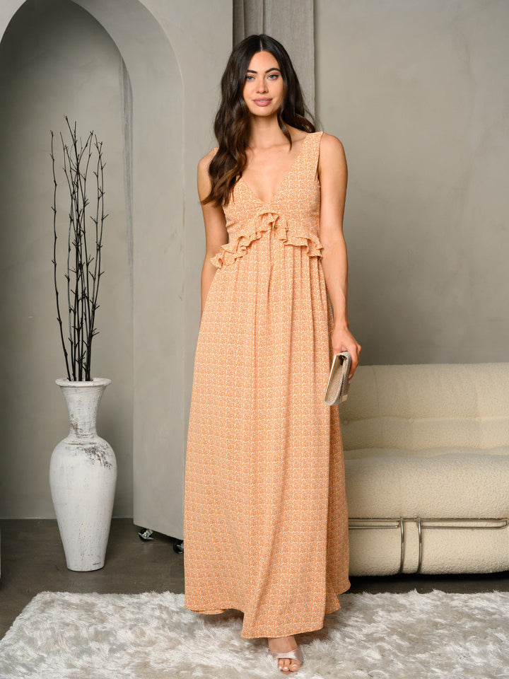 WOMEN'S SLEEVELESS V-NECK RUFFLE MAXI DRESS