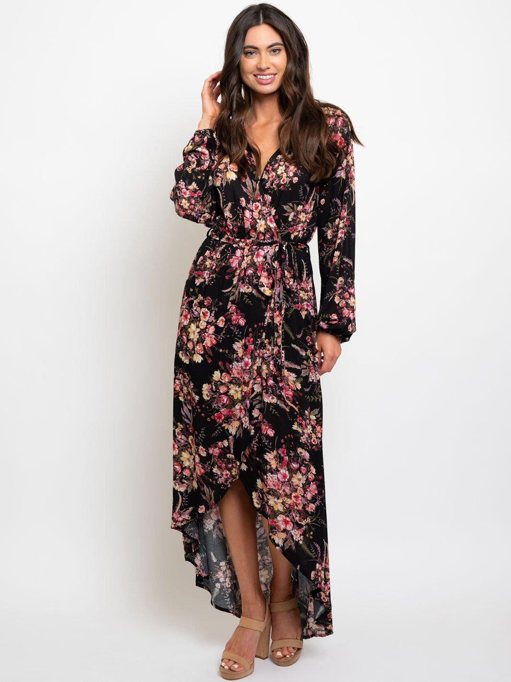 WOMEN'S LONG SLEEVE WRAP FLORAL MAXI DRESS