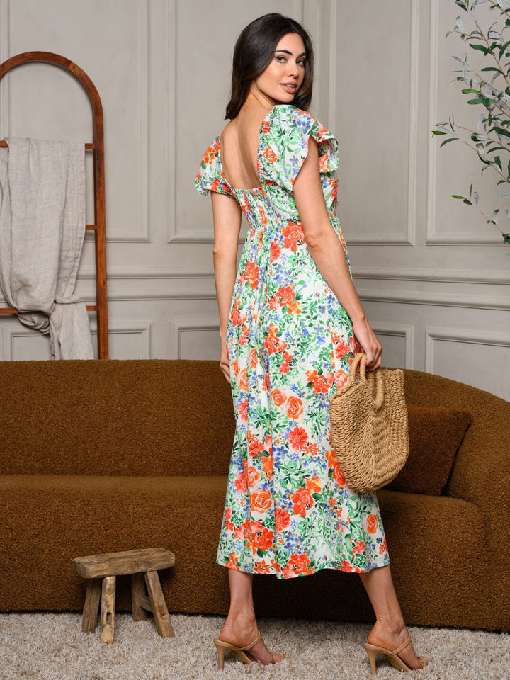 WOMEN'S SLEEVELESS RUFFLE SMOCK FLORAL MIDI DRESS