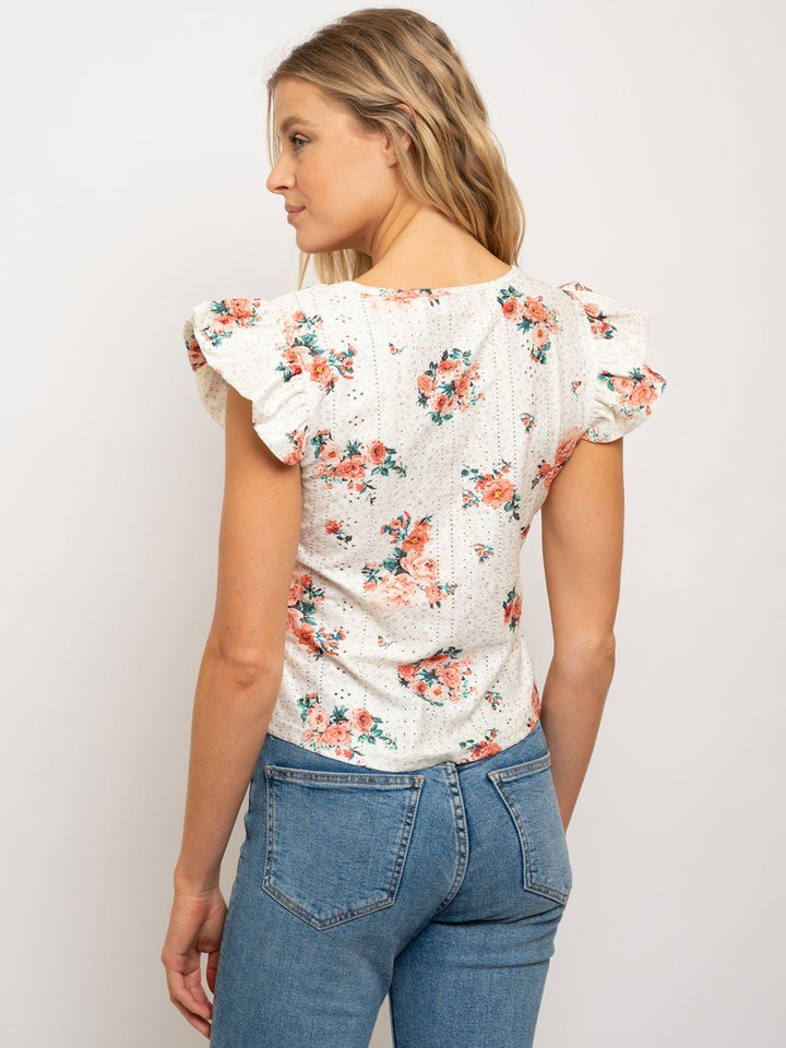 WOMEN'S RUFFLE SLEEVE EYELET TOP