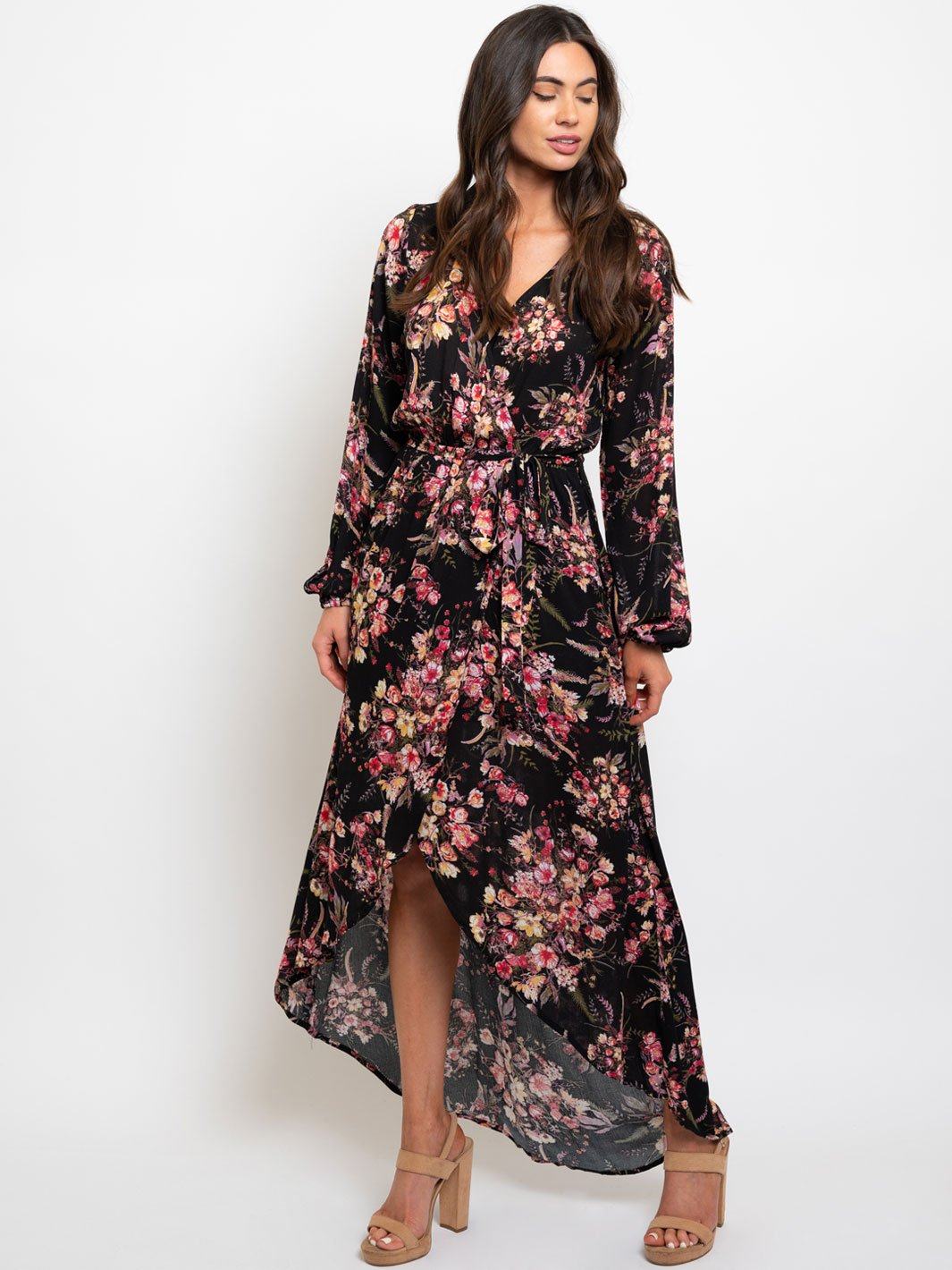 WOMEN'S LONG SLEEVE WRAP FLORAL MAXI DRESS