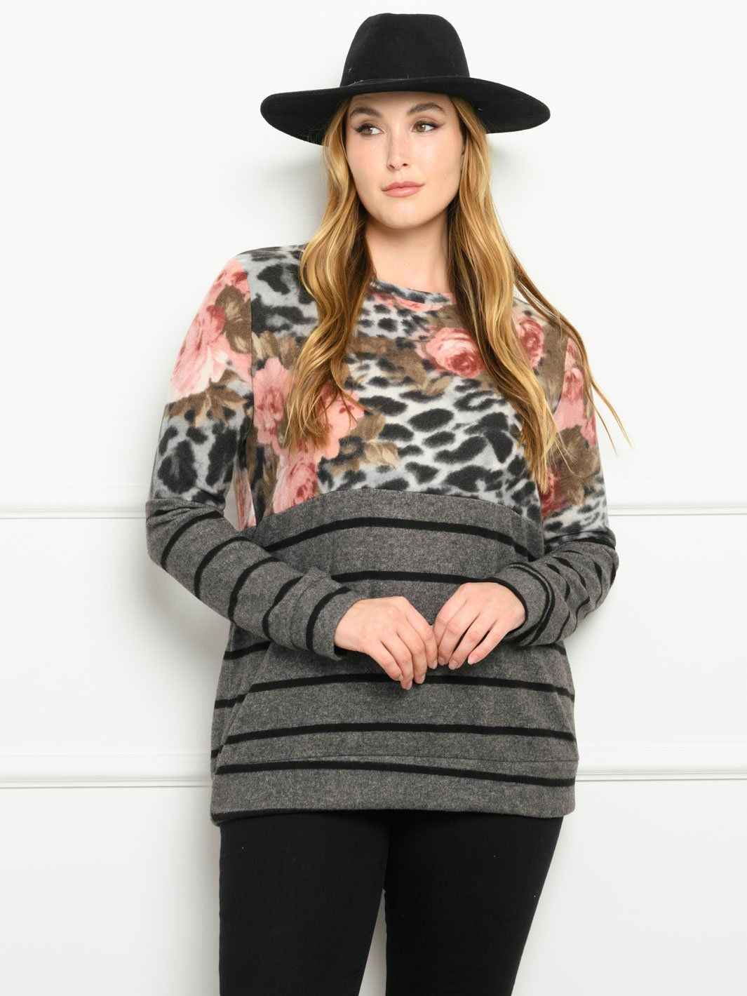 PLUS SIZE CONTRAST FLORAL STRIPES LONG SLEEVE TOP