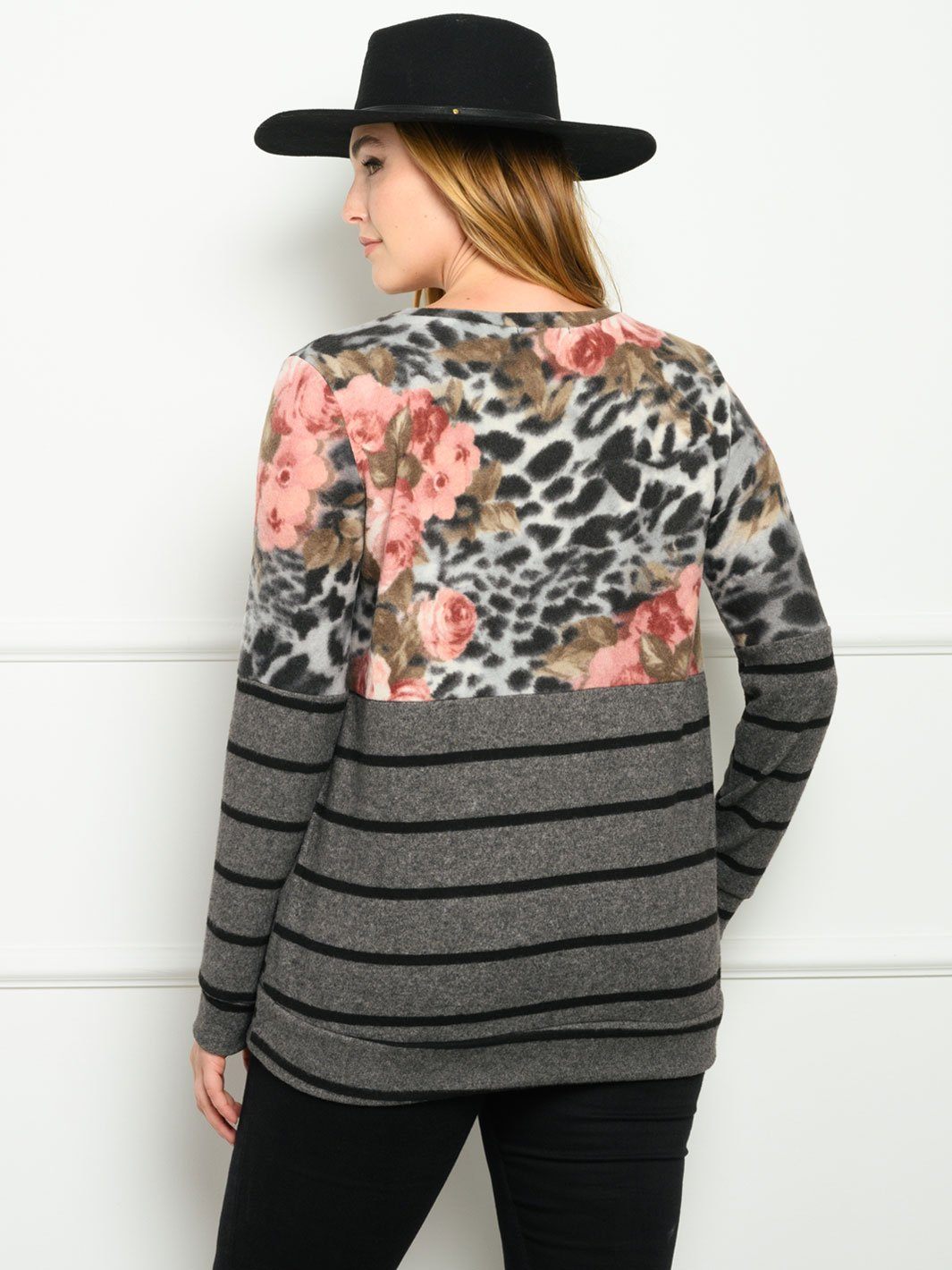 PLUS SIZE CONTRAST FLORAL STRIPES LONG SLEEVE TOP