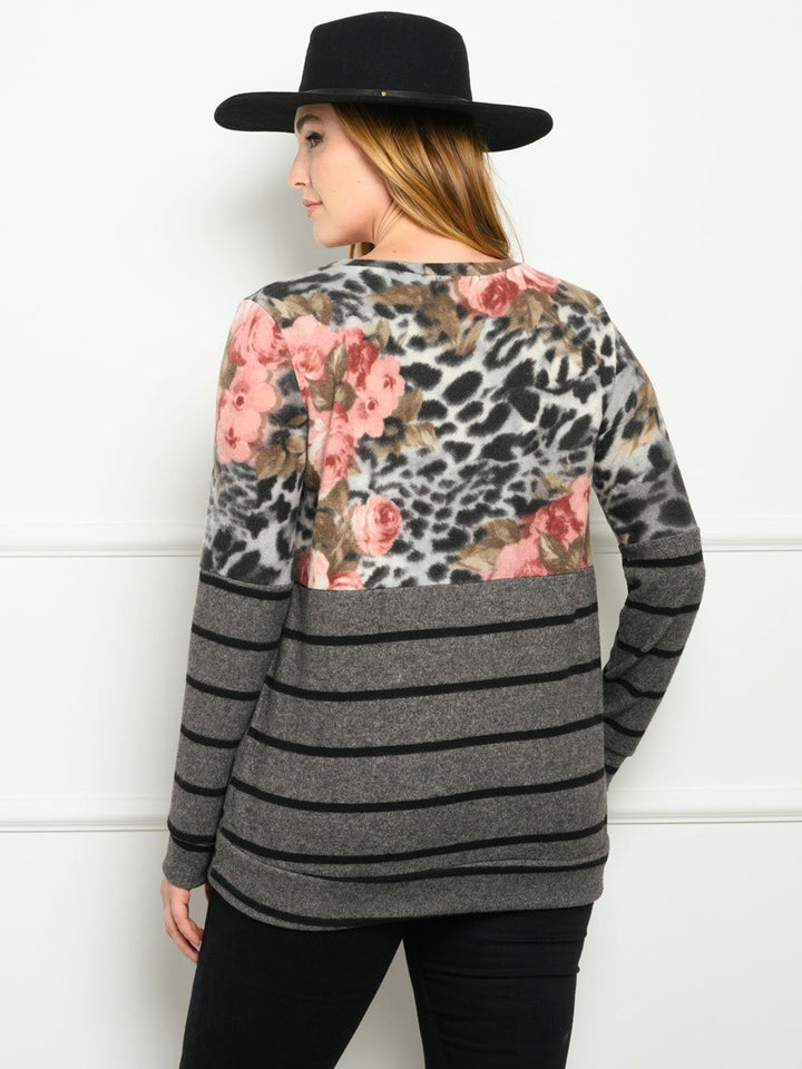 PLUS SIZE CONTRAST FLORAL STRIPES LONG SLEEVE TOP