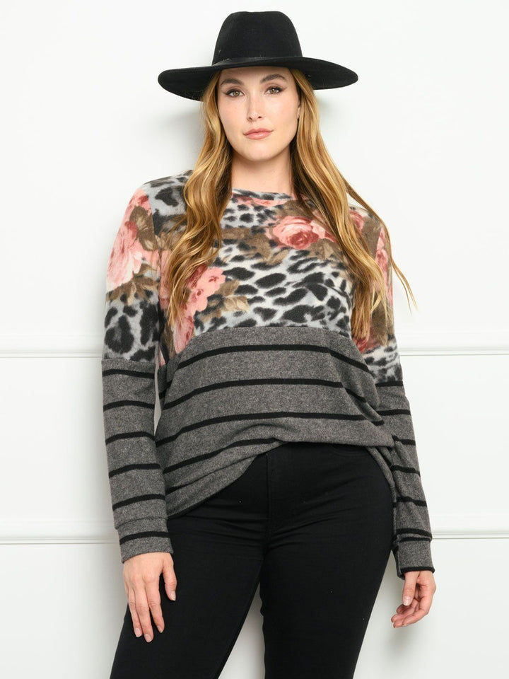 PLUS SIZE CONTRAST FLORAL STRIPES LONG SLEEVE TOP