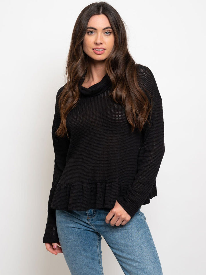 WOMEN'S WAFFLE COWL NECK W/ RUFFLE BOTTOM TOP