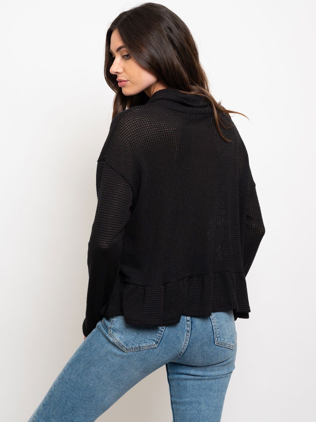 WOMEN'S WAFFLE COWL NECK W/ RUFFLE BOTTOM TOP