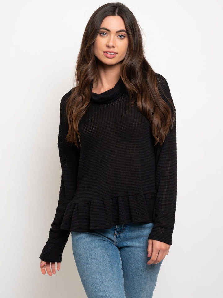 WOMEN'S WAFFLE COWL NECK W/ RUFFLE BOTTOM TOP