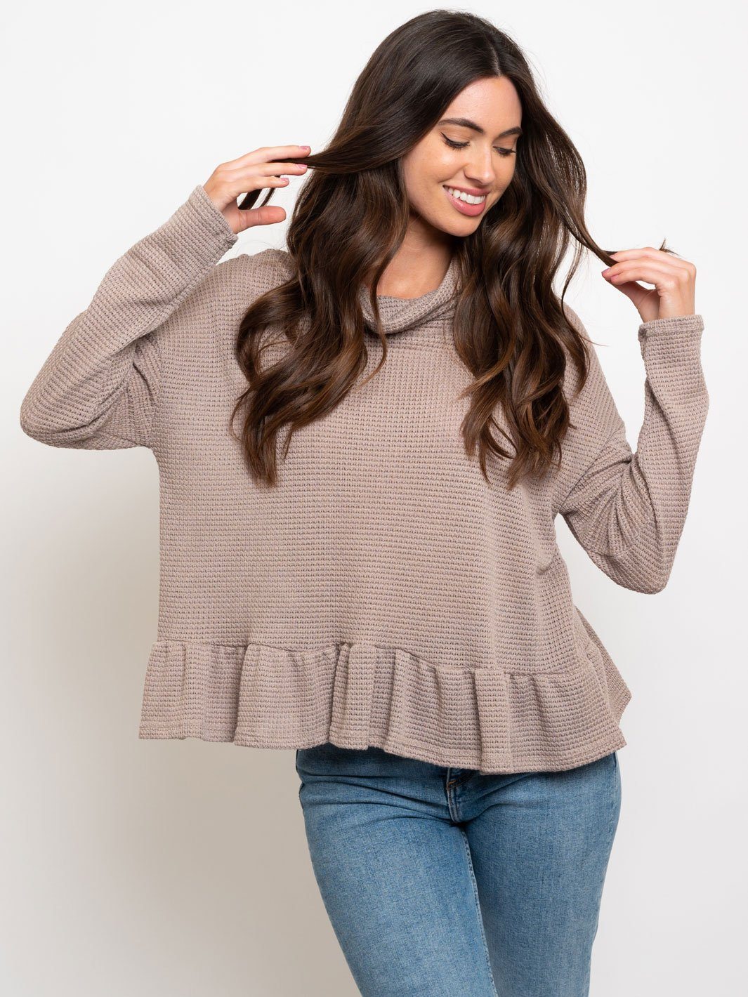 WOMEN'S WAFFLE COWL NECK W/ RUFFLE BOTTOM TOP