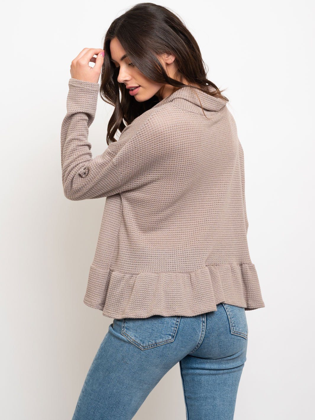 WOMEN'S WAFFLE COWL NECK W/ RUFFLE BOTTOM TOP