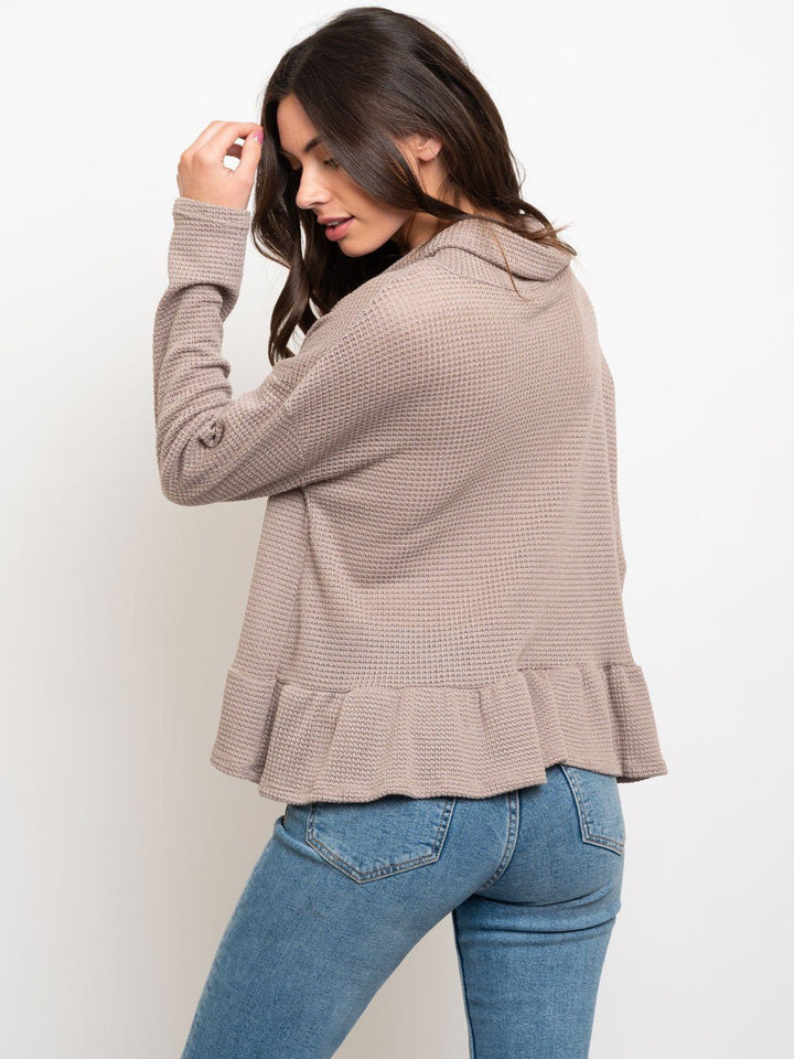 WOMEN'S WAFFLE COWL NECK W/ RUFFLE BOTTOM TOP