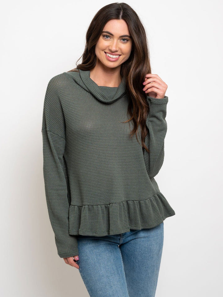 WOMEN'S WAFFLE COWL NECK W/ RUFFLE BOTTOM TOP