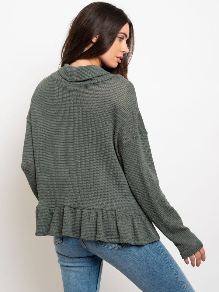 WOMEN'S WAFFLE COWL NECK W/ RUFFLE BOTTOM TOP