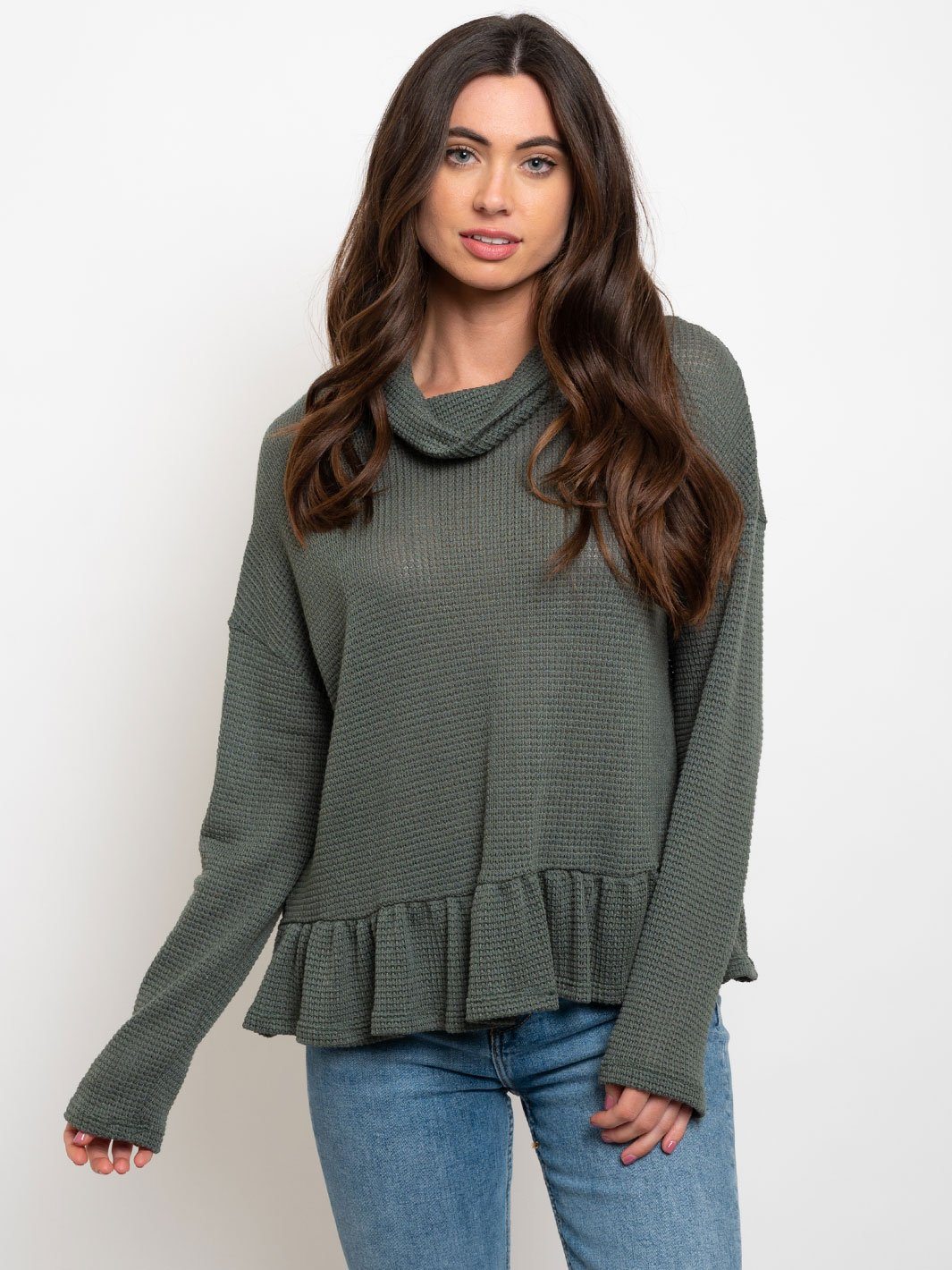 WOMEN'S WAFFLE COWL NECK W/ RUFFLE BOTTOM TOP
