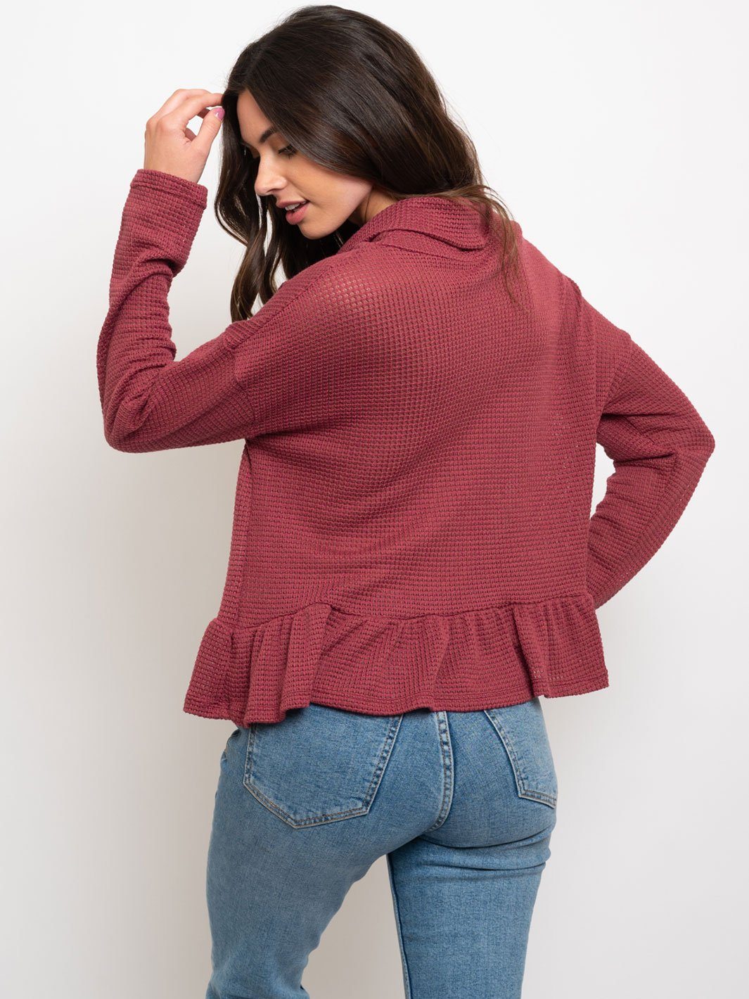 WOMEN'S WAFFLE COWL NECK W/ RUFFLE BOTTOM TOP