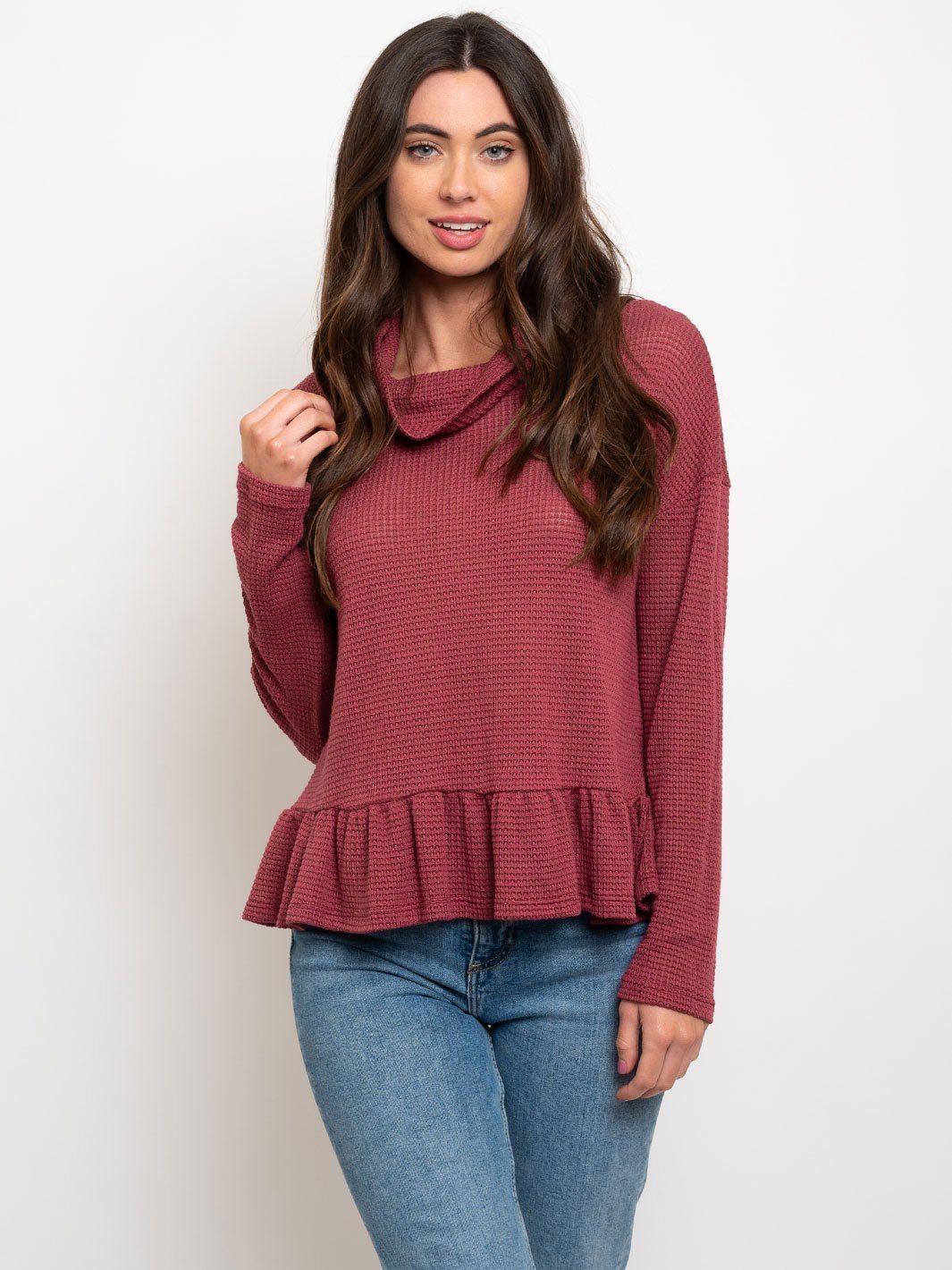 WOMEN'S WAFFLE COWL NECK W/ RUFFLE BOTTOM TOP