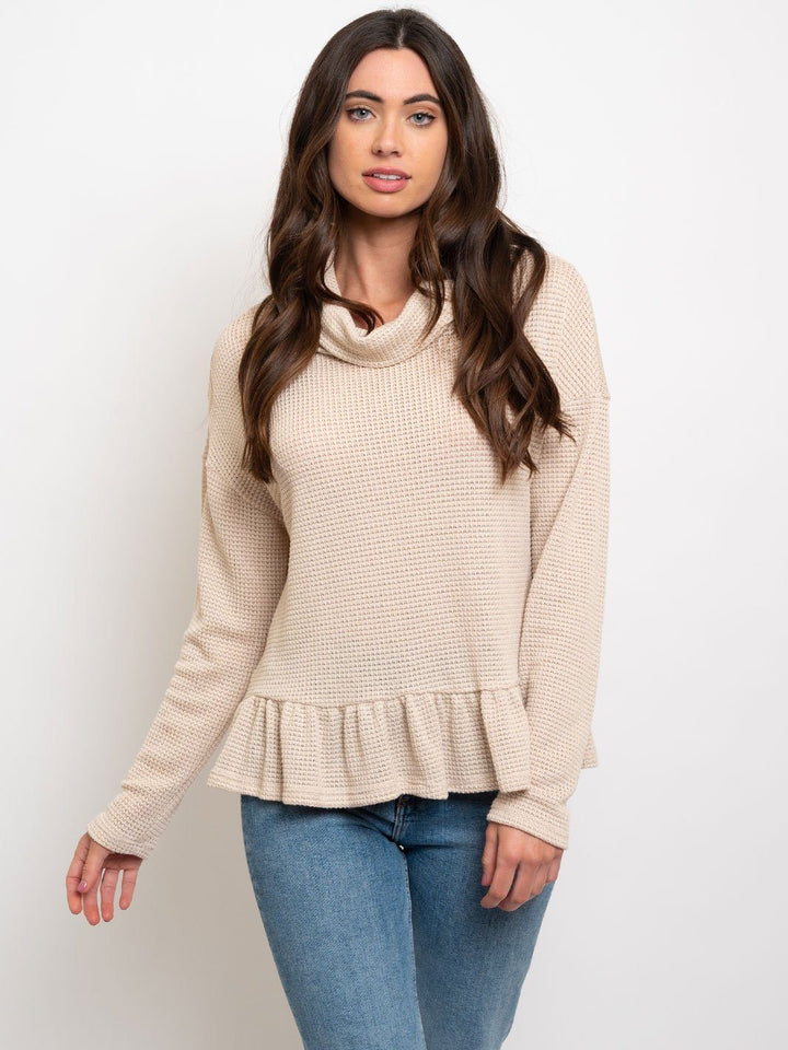 WOMEN'S WAFFLE COWL NECK W/ RUFFLE BOTTOM TOP