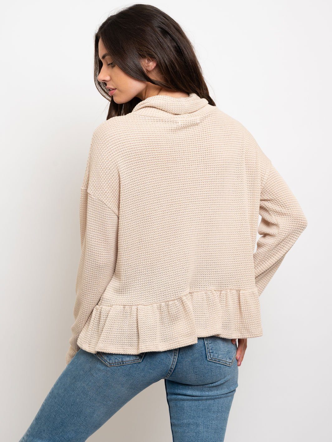 WOMEN'S WAFFLE COWL NECK W/ RUFFLE BOTTOM TOP