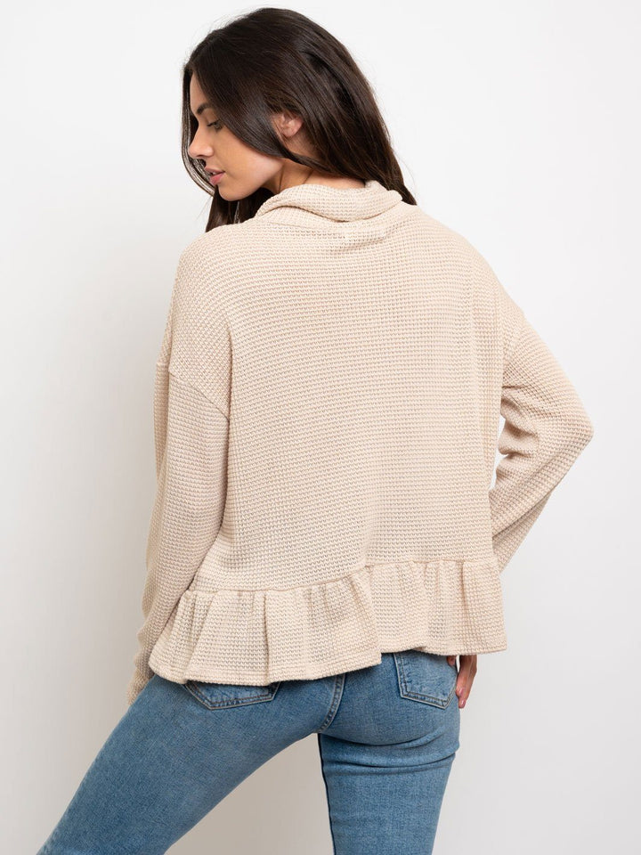 WOMEN'S WAFFLE COWL NECK W/ RUFFLE BOTTOM TOP