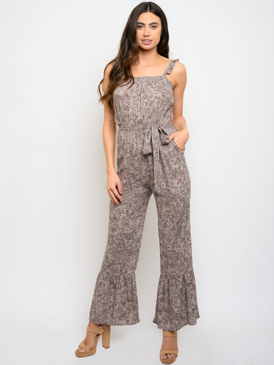WOMEN'S FLORAL SELF TIE BELL LEGS JUMPSUIT