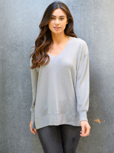 WOMEN'S V-NECK SOFT WAFFLE TUNIC LONG SLEEVE TOP