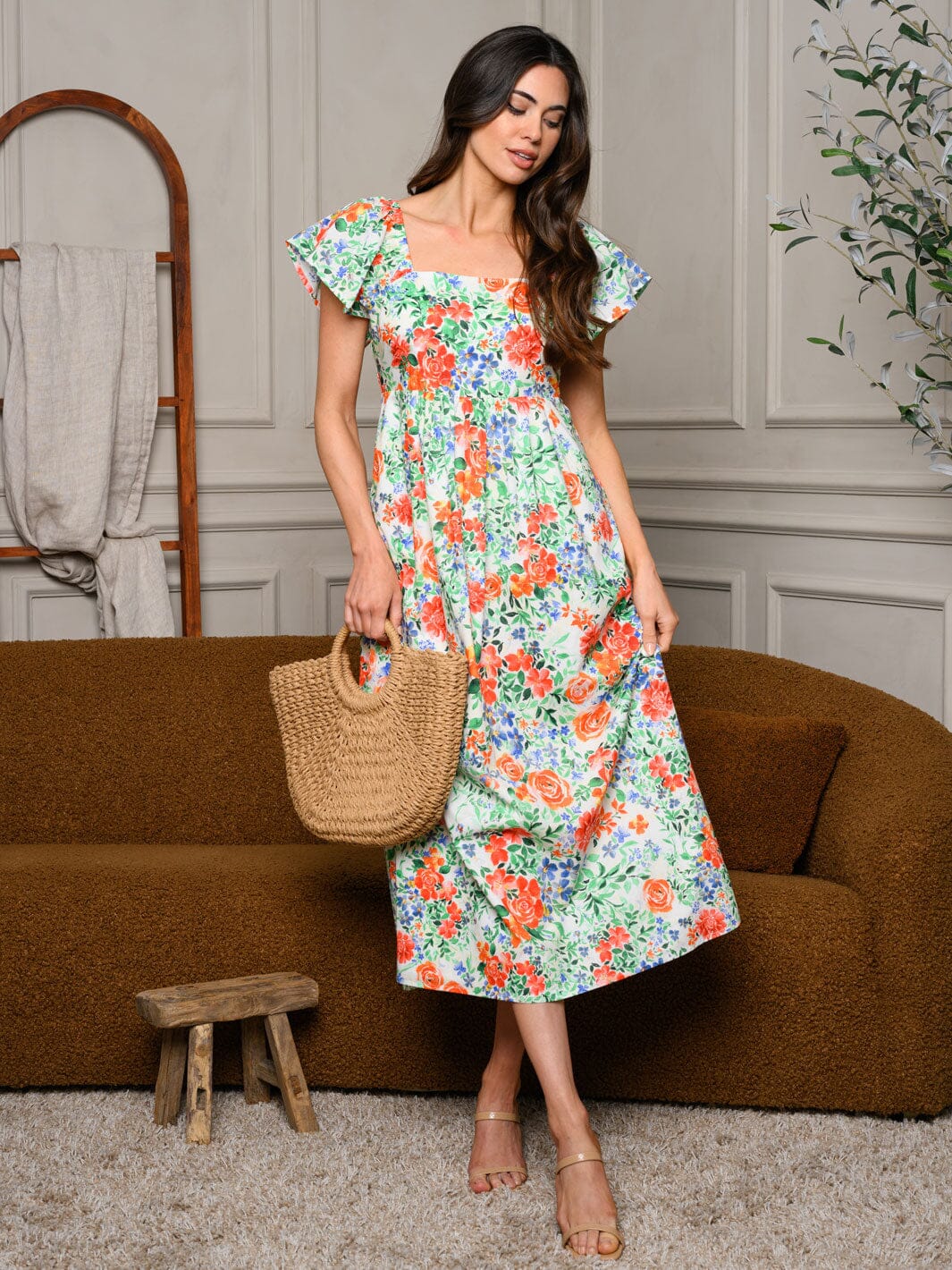 WOMEN'S SLEEVELESS RUFFLE SMOCK FLORAL MIDI DRESS