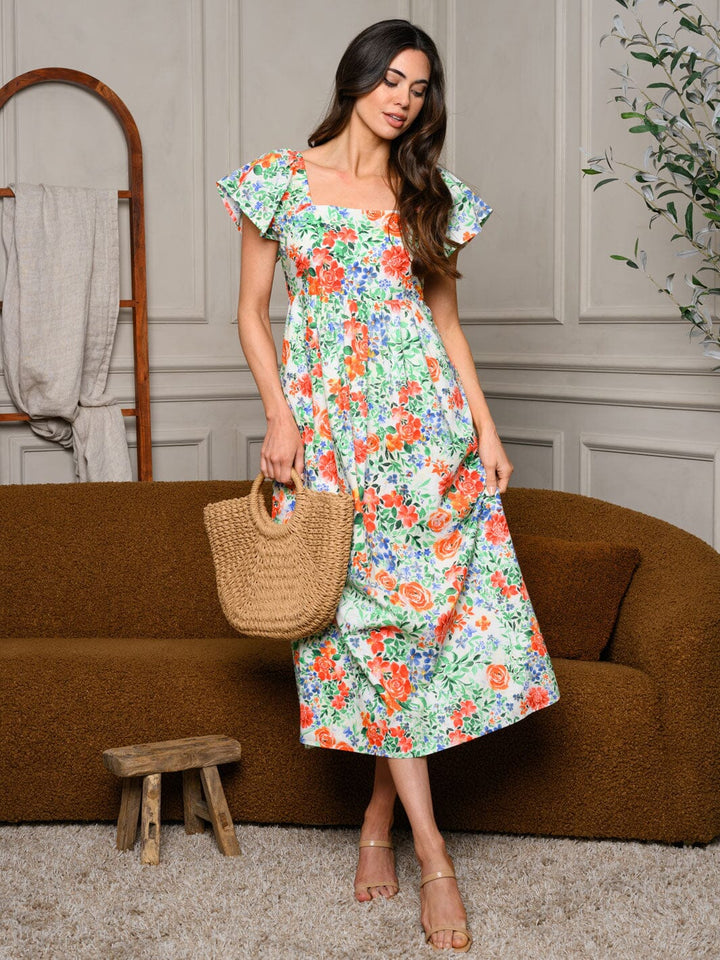 WOMEN'S SLEEVELESS RUFFLE SMOCK FLORAL MIDI DRESS