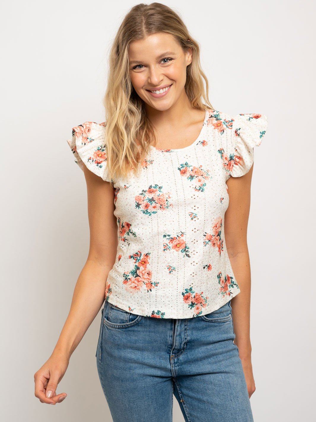 WOMEN'S RUFFLE SLEEVE EYELET TOP