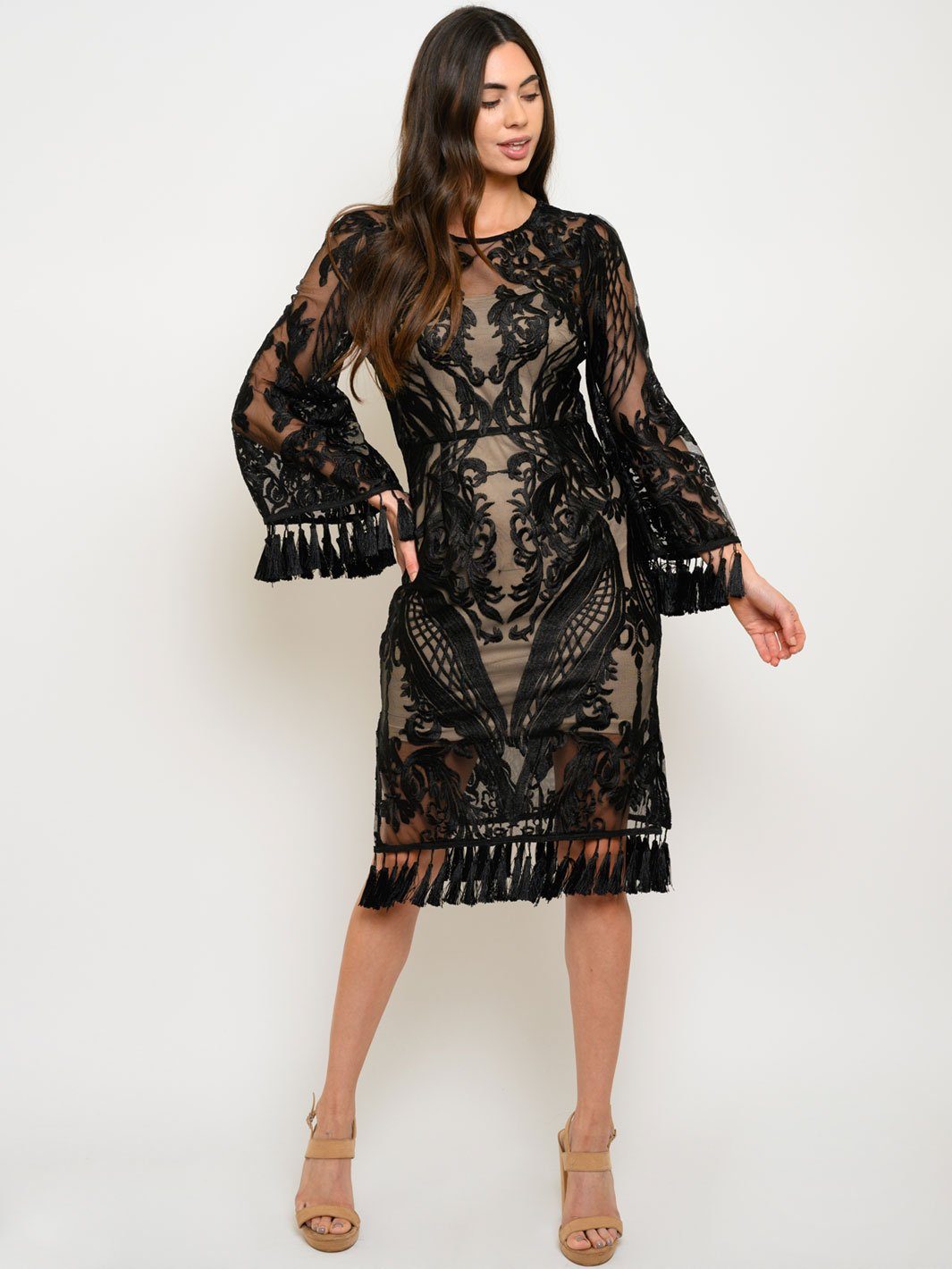 WOMEN'S 2PC. LACE TASSEL DETAIL LONG SLEEVE MIDI DRESS
