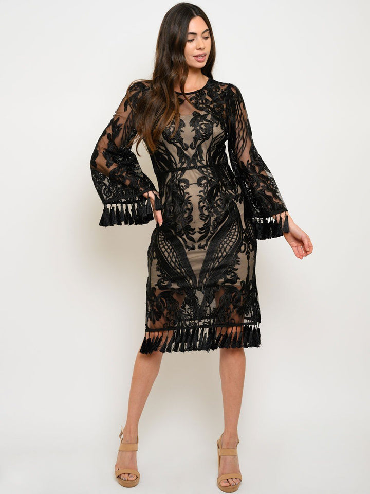 WOMEN'S 2PC. LACE TASSEL DETAIL LONG SLEEVE MIDI DRESS